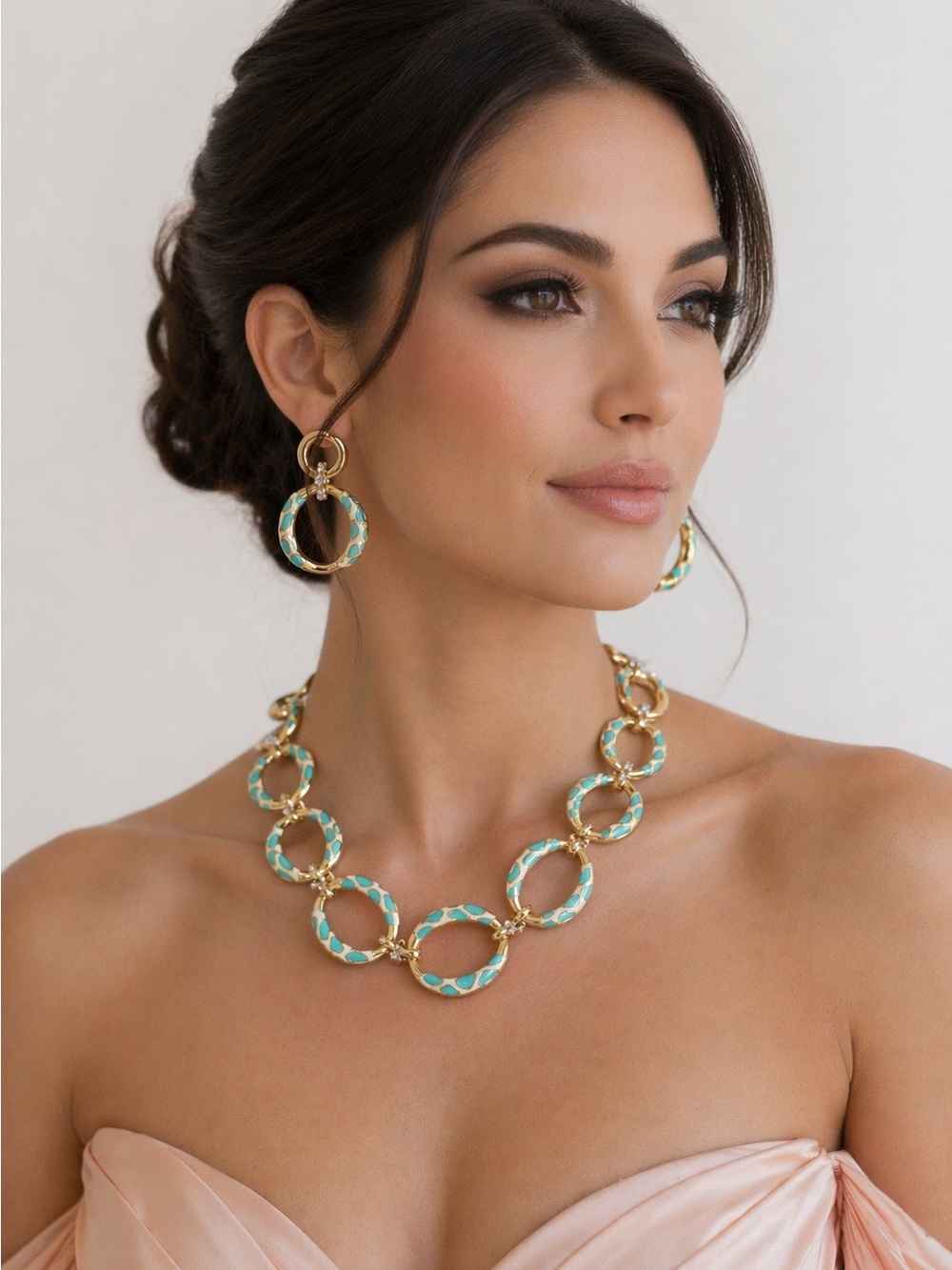 Gold-Tone Turquoise Link Necklace and Hoop Earring Set